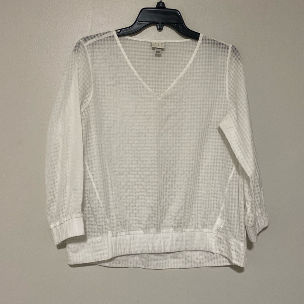 A New Day Plaid Sheer V-Neck Blouse Lightweight Long Sleeve Pullover - Size S